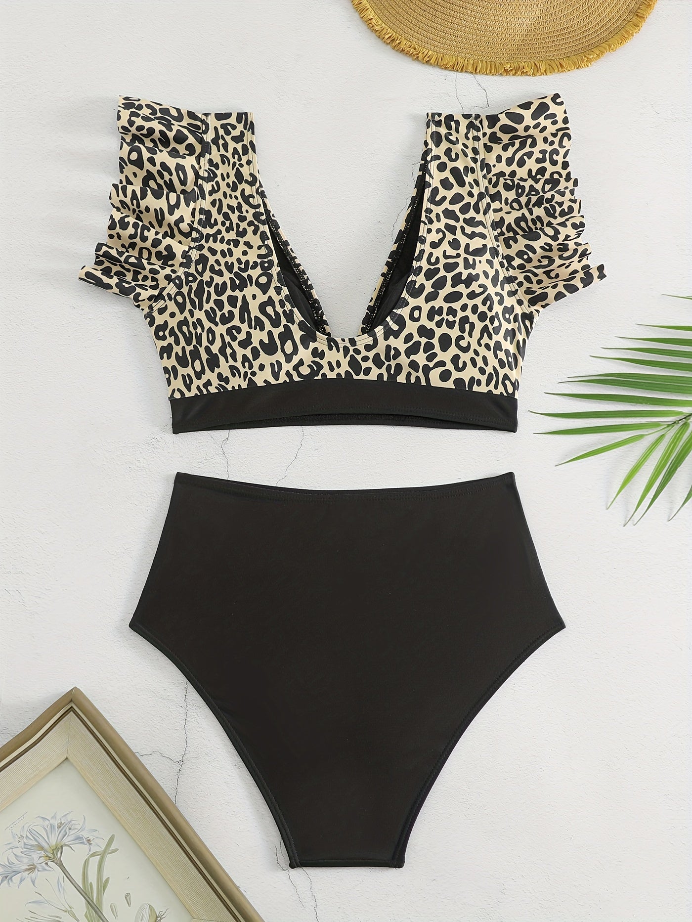 "Obsidian Wave – Ruffle Lettuce V-Neck High-Waist Bikini Set"