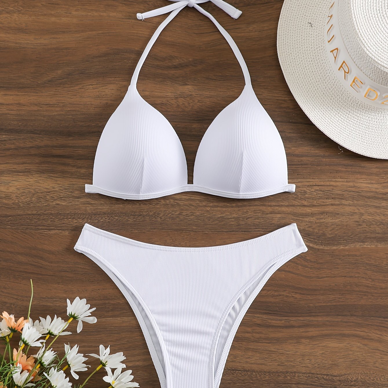 "Starfish Strands – Rib Knit Tie-Back Triangle Bikini Set"