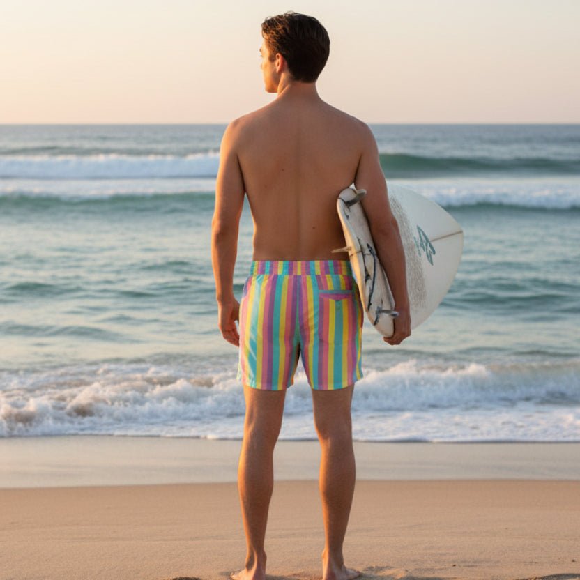 Tropical-Stripes Men's Mid-Length Swim Shorts