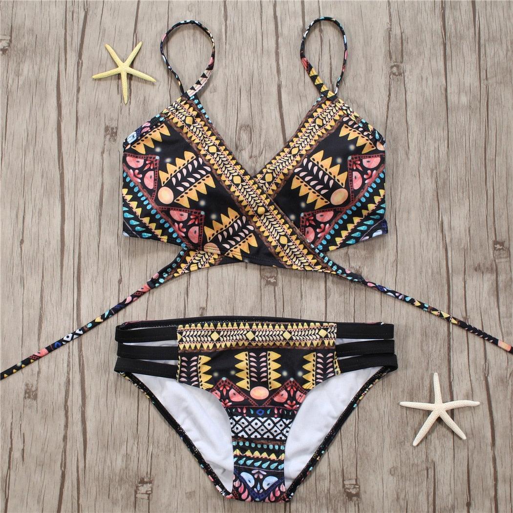 "Siren's Knot – Crisscross Bandage Halter Bikini Set"