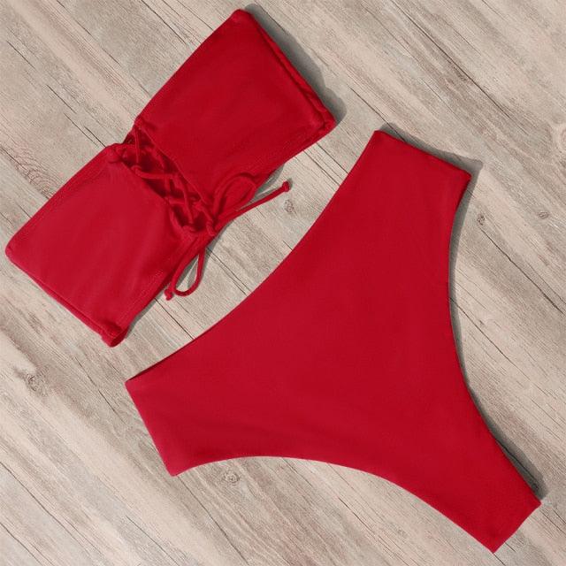 "Tidal Bandeau – Lace-Up High-Waist Bikini Set"