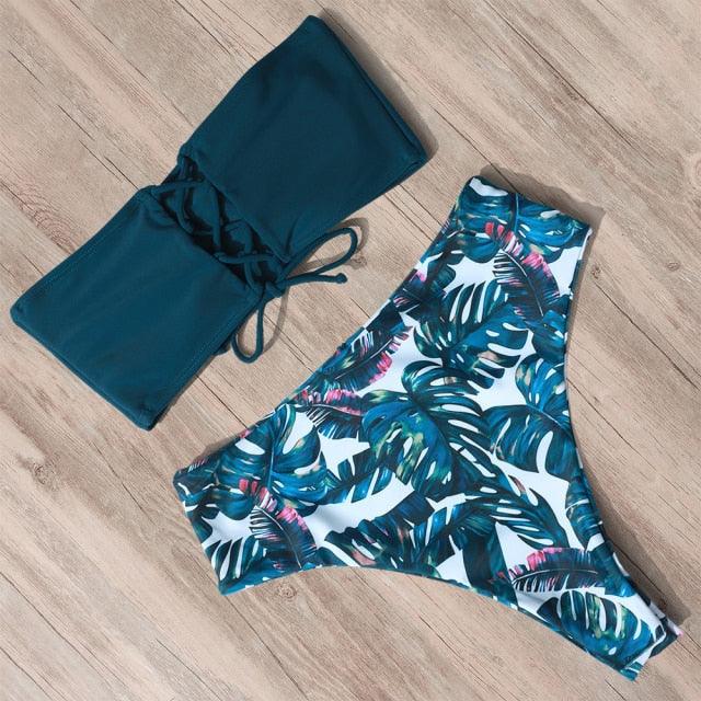 "Tidal Bandeau – Lace-Up High-Waist Bikini Set"
