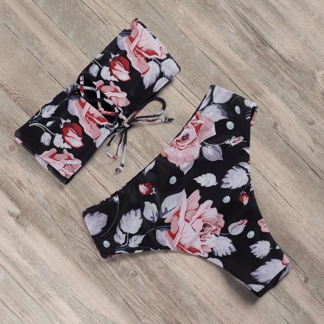 "Tidal Bandeau – Lace-Up High-Waist Bikini Set"