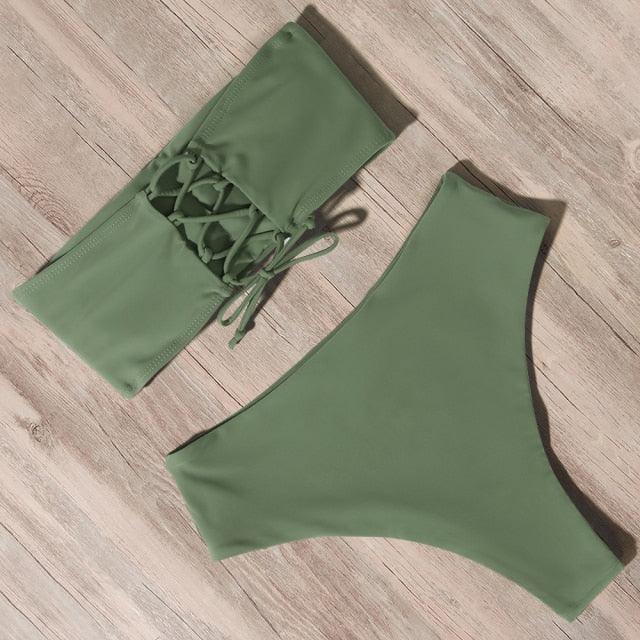 "Tidal Bandeau – Lace-Up High-Waist Bikini Set"