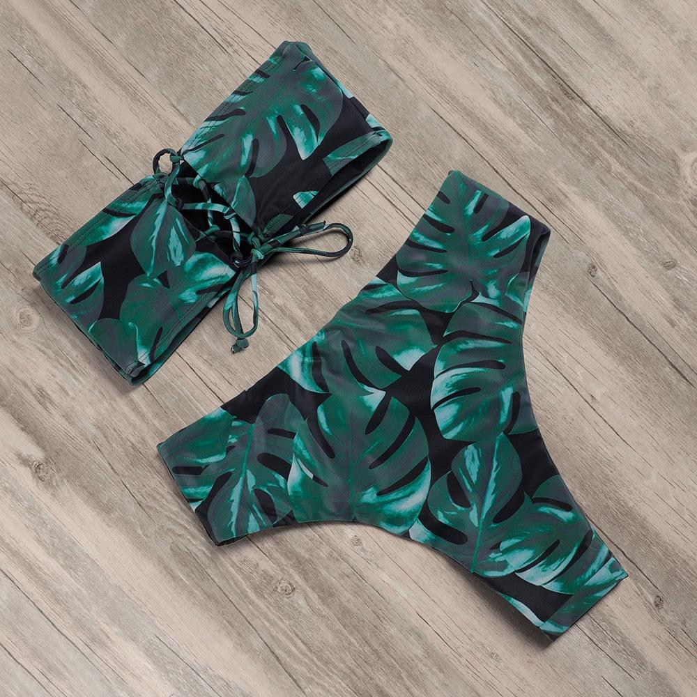 "Tidal Bandeau – Lace-Up High-Waist Bikini Set"