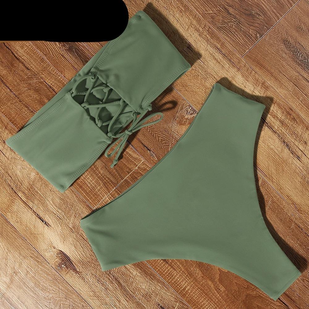 "Tidal Bandeau – Lace-Up High-Waist Bikini Set"