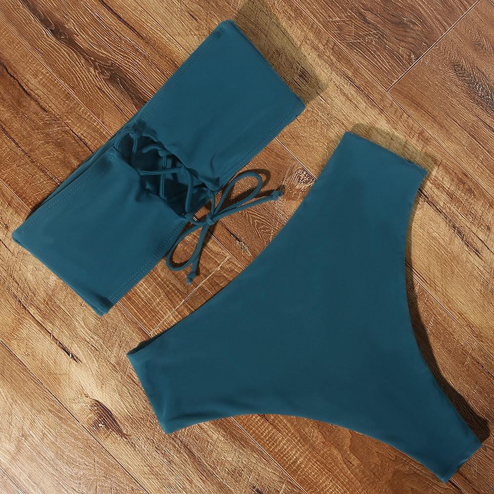 "Tidal Bandeau – Lace-Up High-Waist Bikini Set"