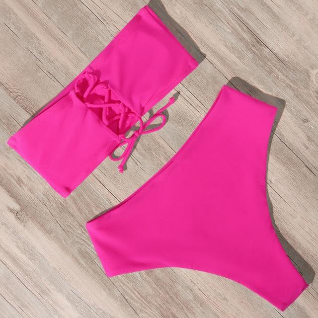 "Tidal Bandeau – Lace-Up High-Waist Bikini Set"