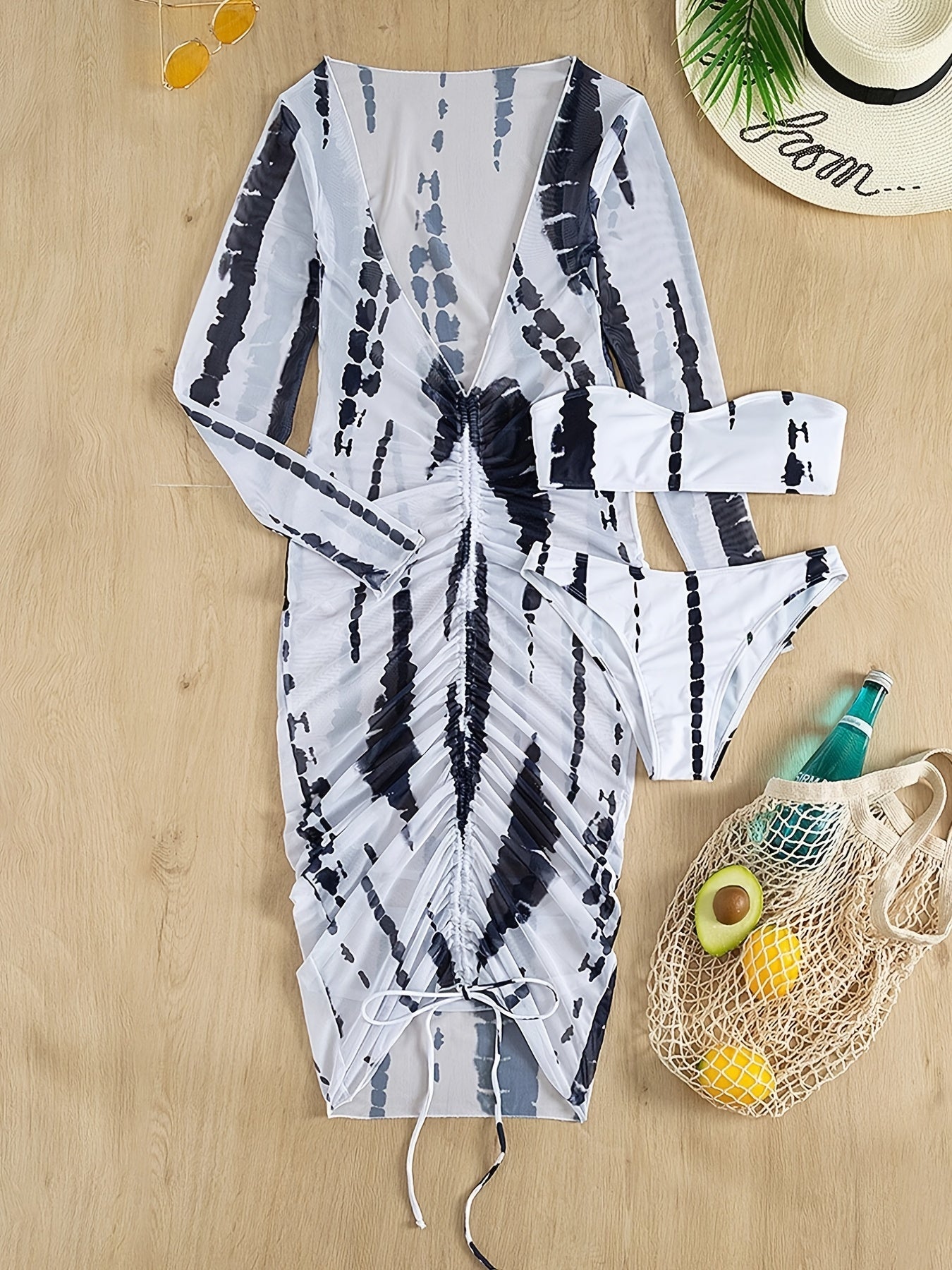 "Horizon Haze – Tie Dye 3-Piece Bandeau Bikini Set"