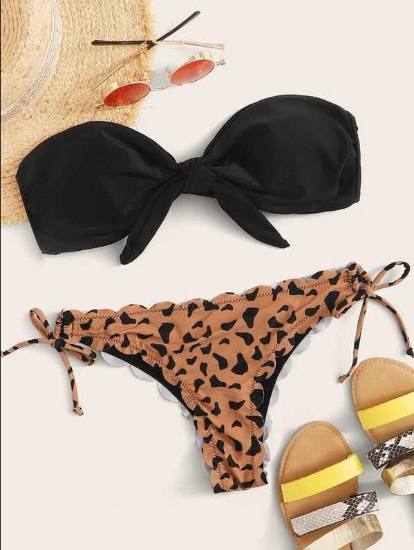 "Wild Siren – Strapless Ruffled Bow Bikini Set"
