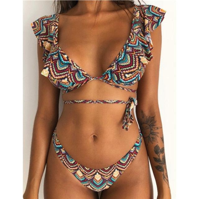 "Wild Siren – Strapless Ruffled Bow Bikini Set"