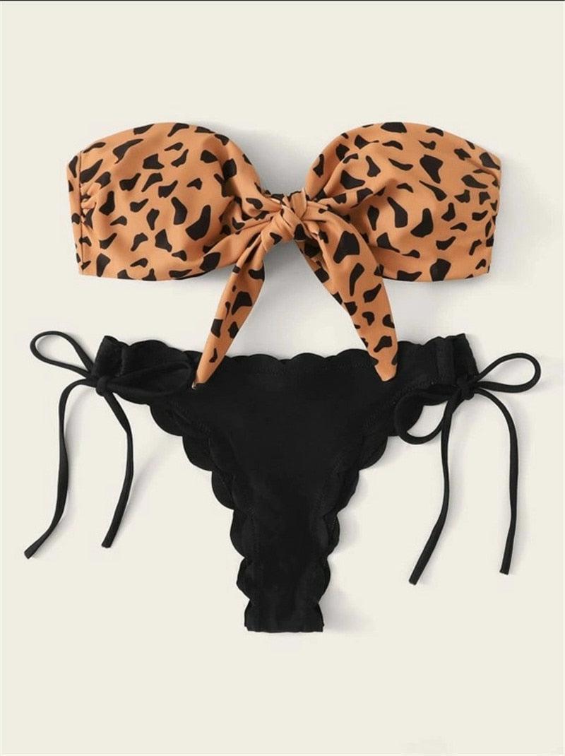 "Wild Siren – Strapless Ruffled Bow Bikini Set"