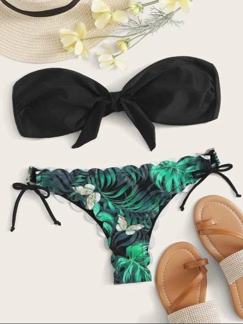 "Wild Siren – Strapless Ruffled Bow Bikini Set"