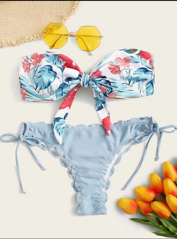 "Wild Siren – Strapless Ruffled Bow Bikini Set"