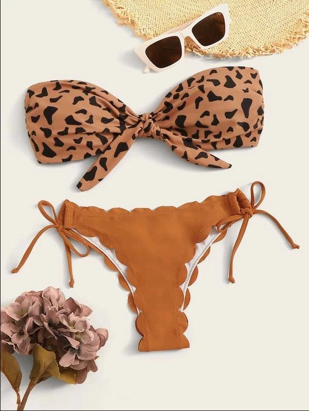 "Wild Siren – Strapless Ruffled Bow Bikini Set"