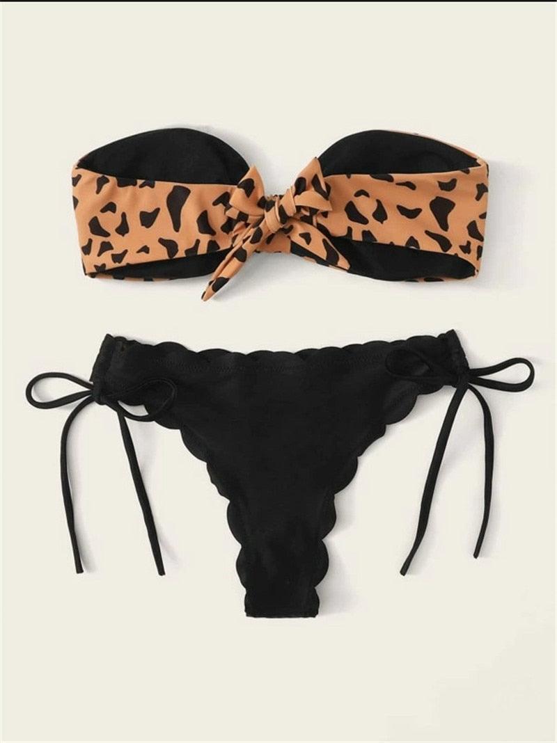"Wild Siren – Strapless Ruffled Bow Bikini Set"