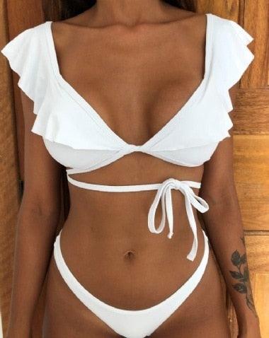 "Wild Siren – Strapless Ruffled Bow Bikini Set"