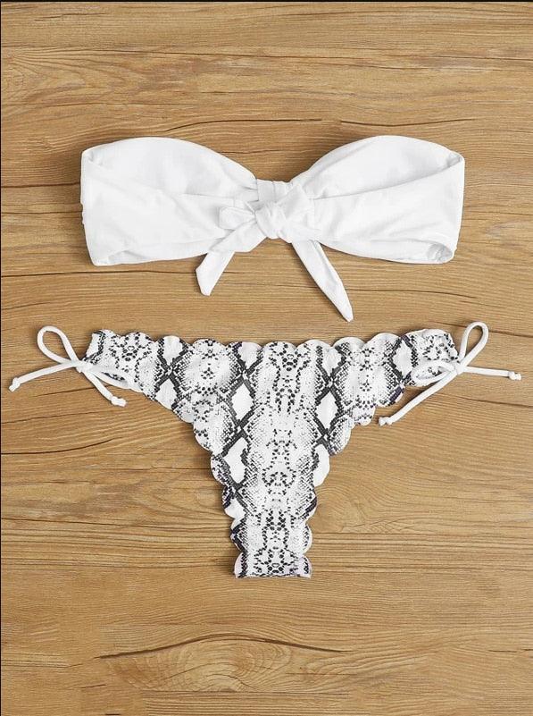 "Wild Siren – Strapless Ruffled Bow Bikini Set"