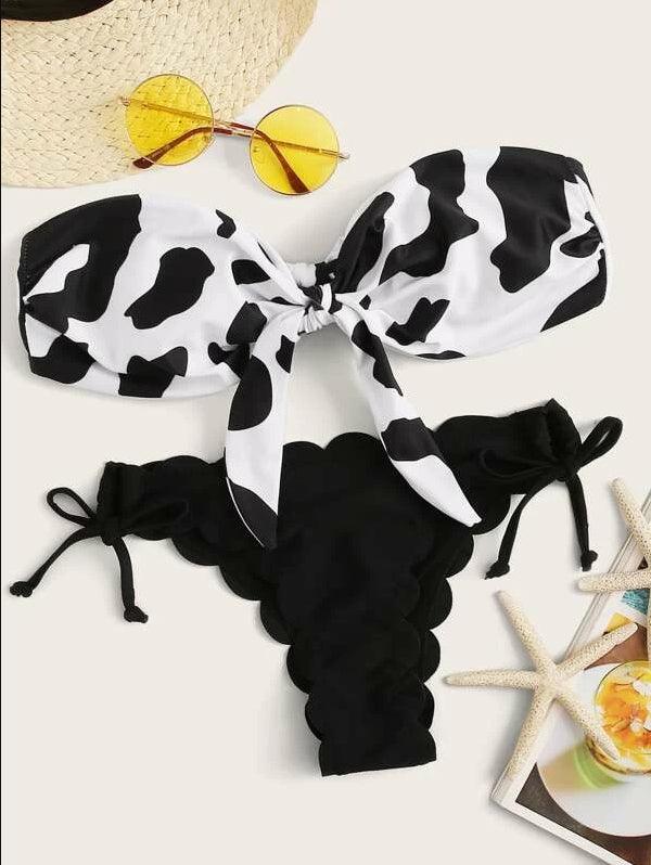 "Wild Siren – Strapless Ruffled Bow Bikini Set"