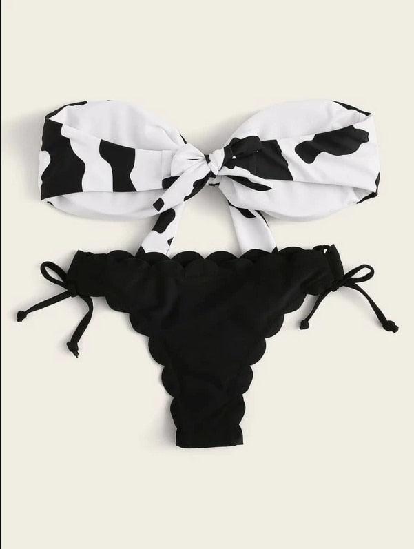 "Wild Siren – Strapless Ruffled Bow Bikini Set"