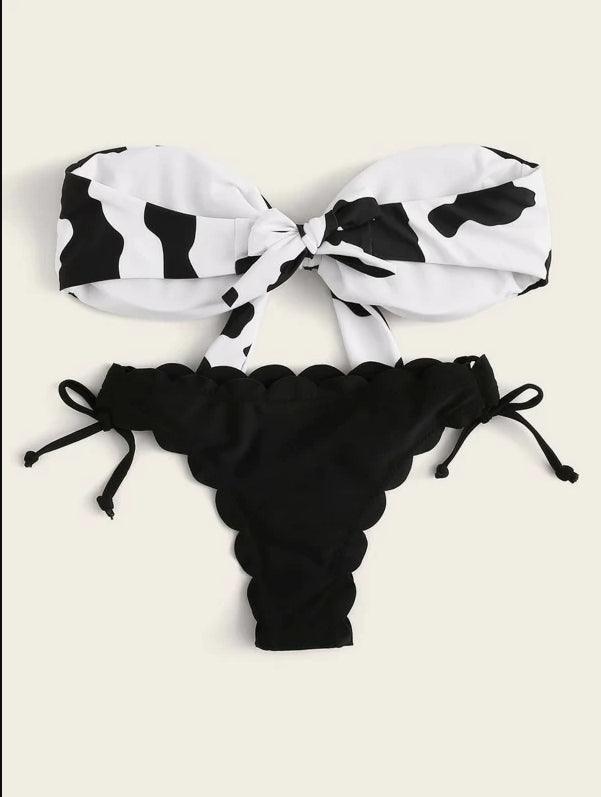 "Wild Siren – Strapless Ruffled Bow Bikini Set"