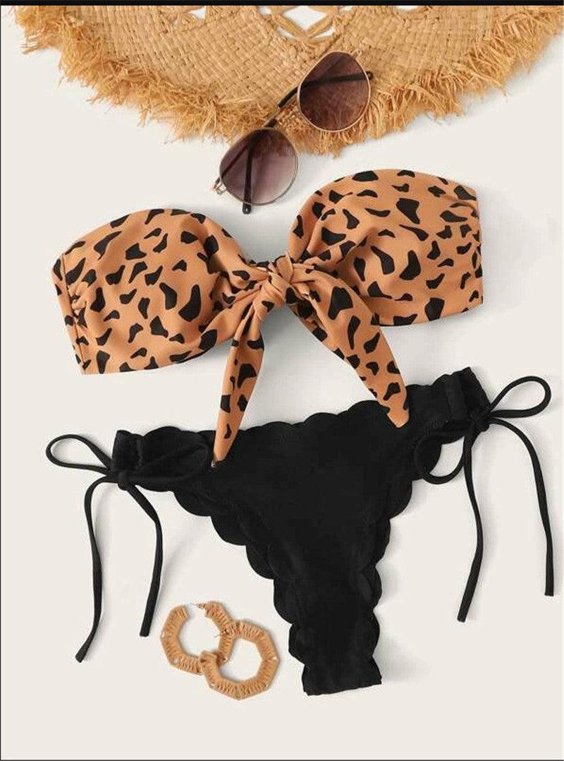 "Wild Siren – Strapless Ruffled Bow Bikini Set"