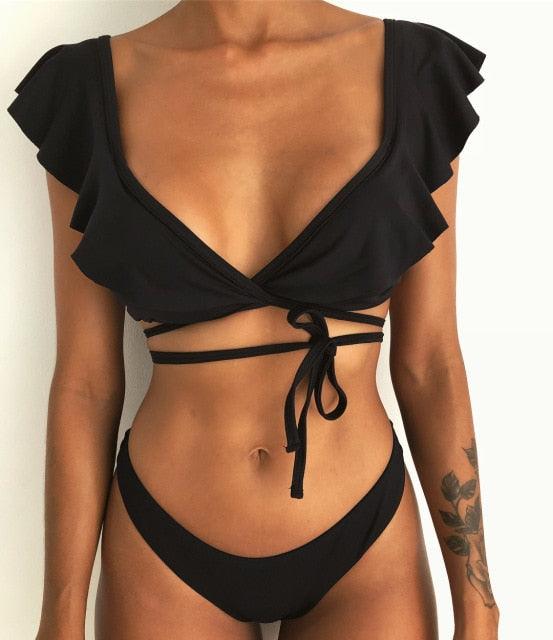 "Wild Siren – Strapless Ruffled Bow Bikini Set"