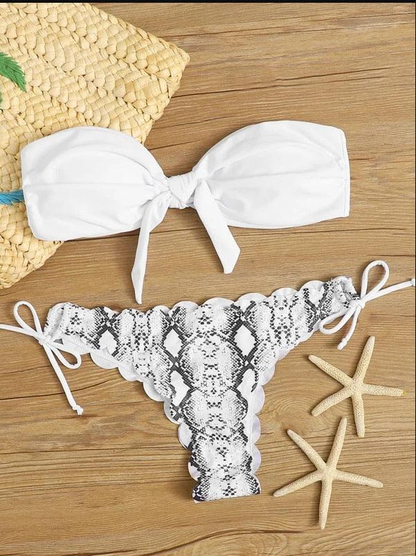 "Wild Siren – Strapless Ruffled Bow Bikini Set"