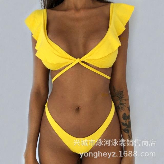 "Wild Siren – Strapless Ruffled Bow Bikini Set"