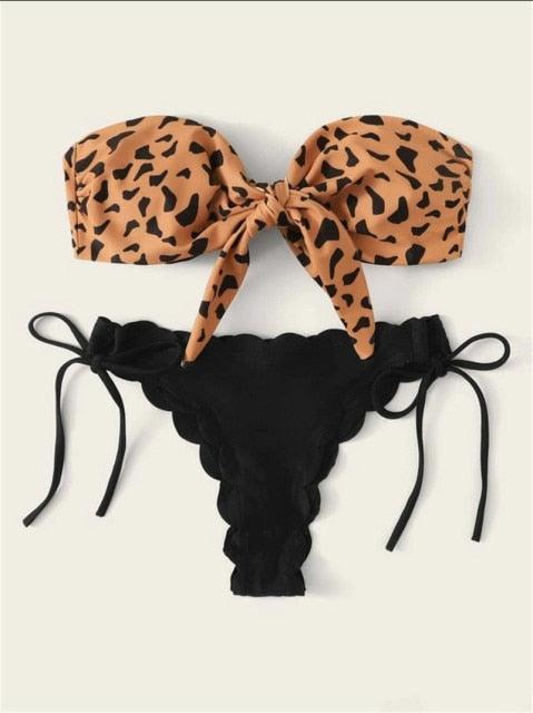 "Wild Siren – Strapless Ruffled Bow Bikini Set"