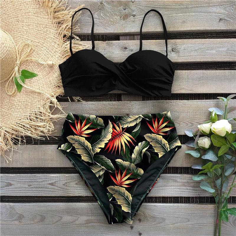 "Reef Siren – Solid Push-Up Cross-Back Bikini Set"
