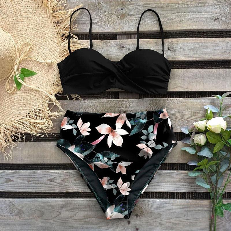 "Reef Siren – Solid Push-Up Cross-Back Bikini Set"