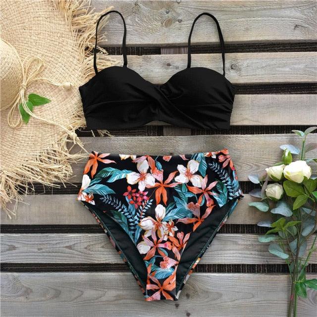 "Reef Siren – Solid Push-Up Cross-Back Bikini Set"