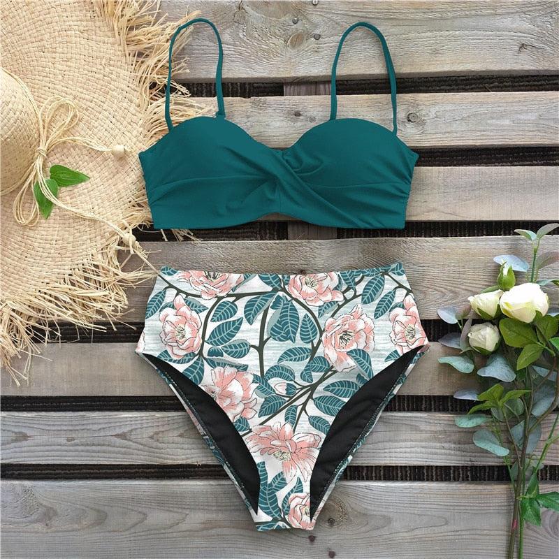 "Reef Siren – Solid Push-Up Cross-Back Bikini Set"