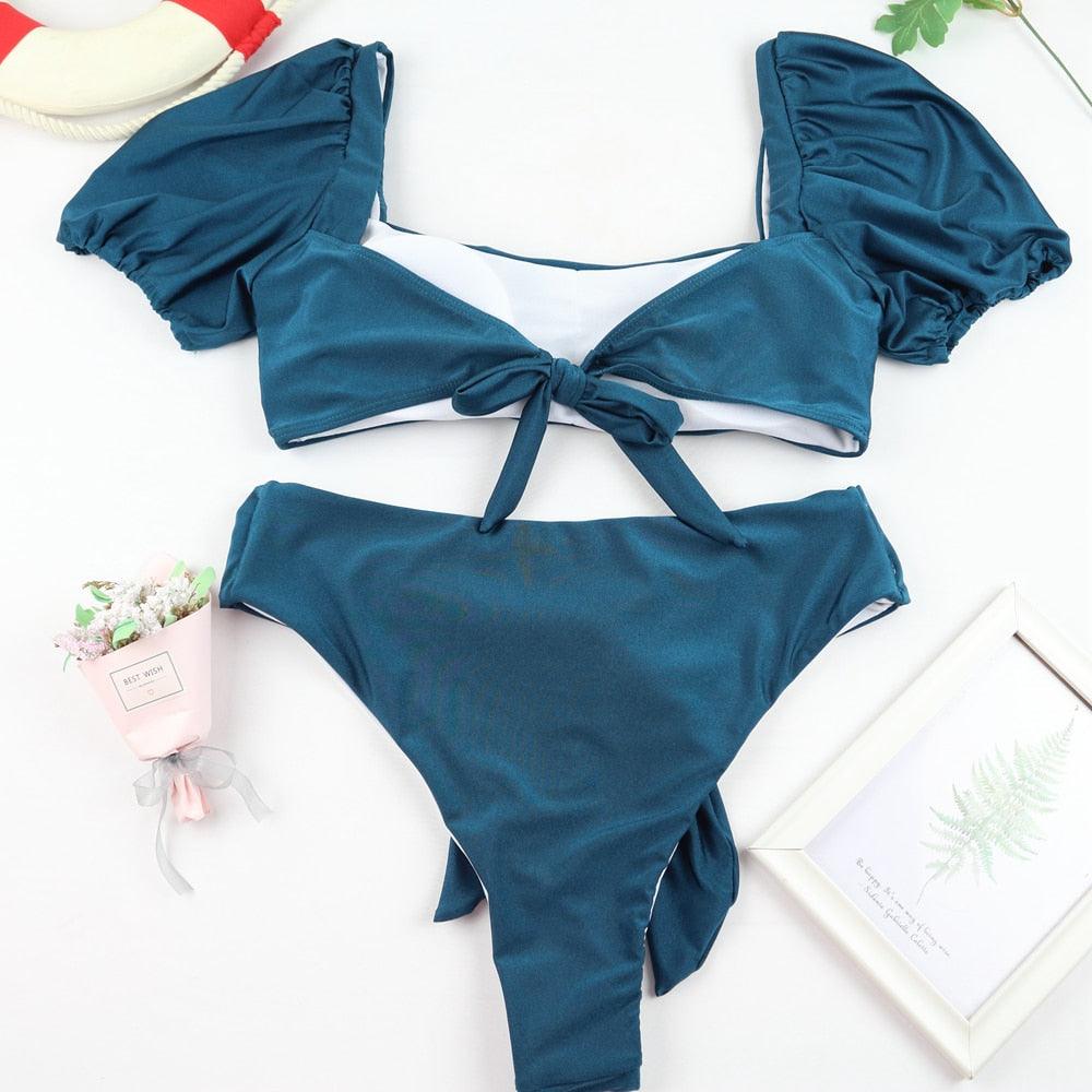 "Sea Duchess – Puff Sleeve Open-Back High-Cut Swimsuit"