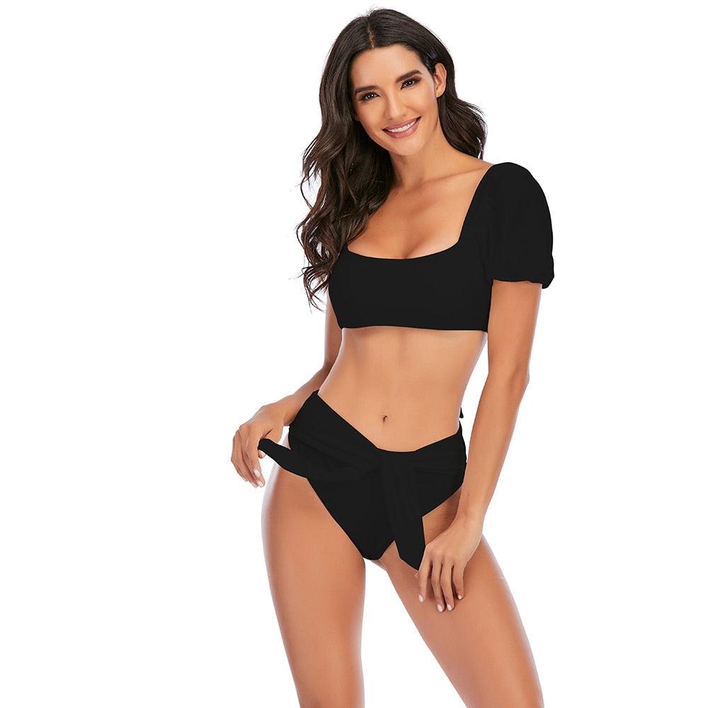 "Sea Duchess – Puff Sleeve Open-Back High-Cut Swimsuit"