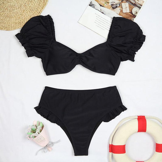 "Sea Duchess – Puff Sleeve Open-Back High-Cut Swimsuit"