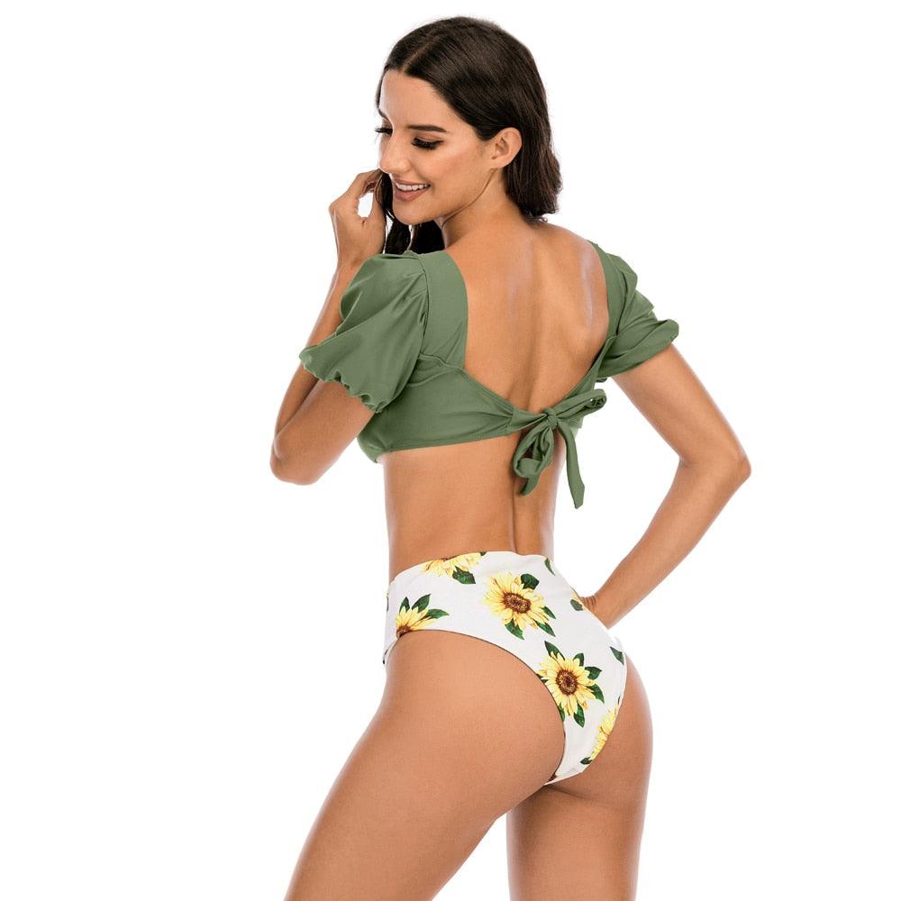 "Sea Duchess – Puff Sleeve Open-Back High-Cut Swimsuit"