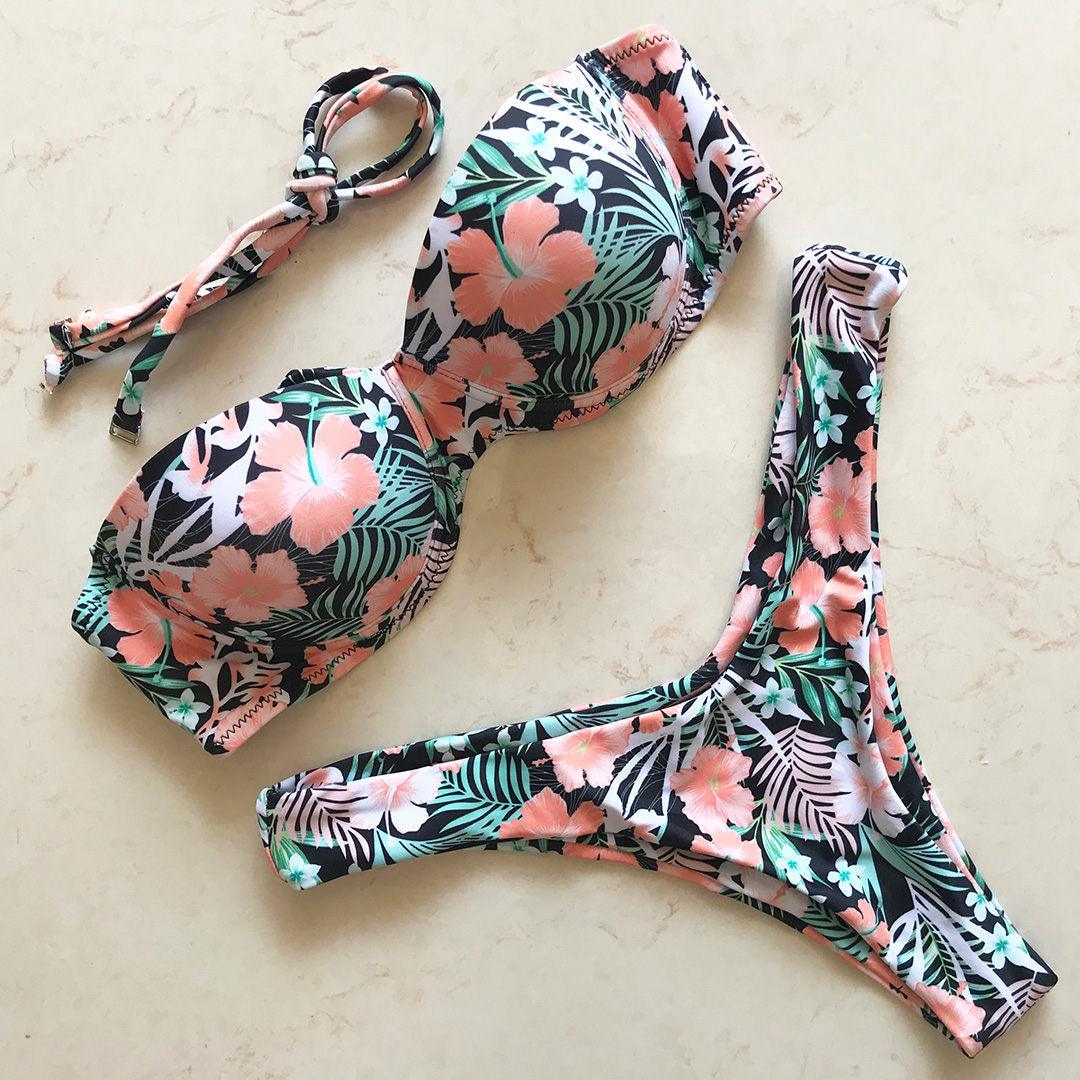 "Vintage Tide – Underwire Push-Up Low-Waist Bikini Set"