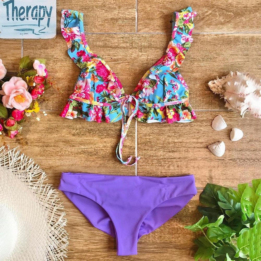 "Parrot Fish – Ruffle Triangle Tie-Side Bikini Set"
