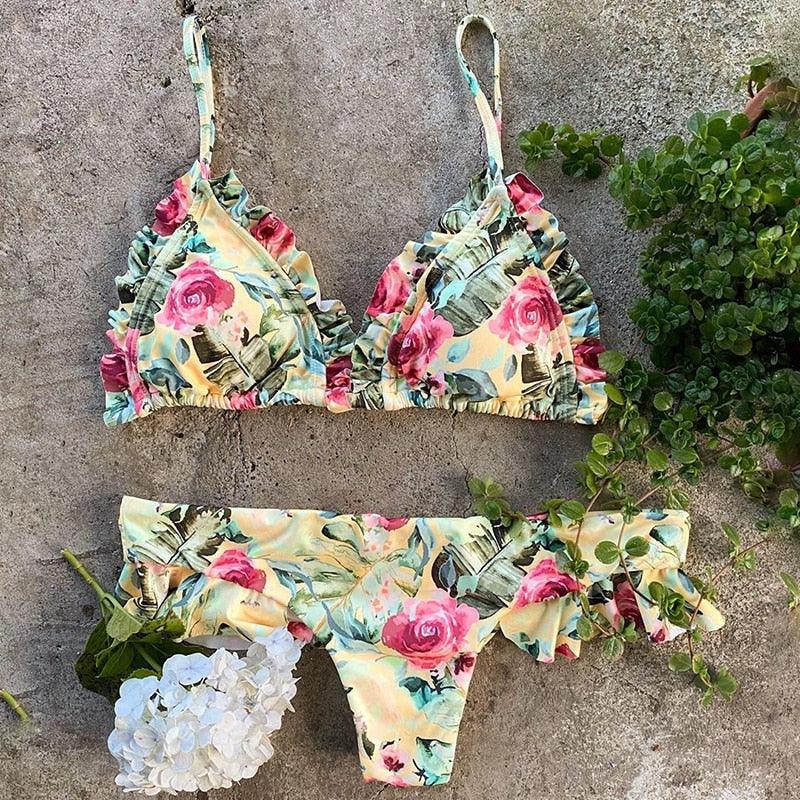 "Parrot Fish – Ruffle Triangle Tie-Side Bikini Set"