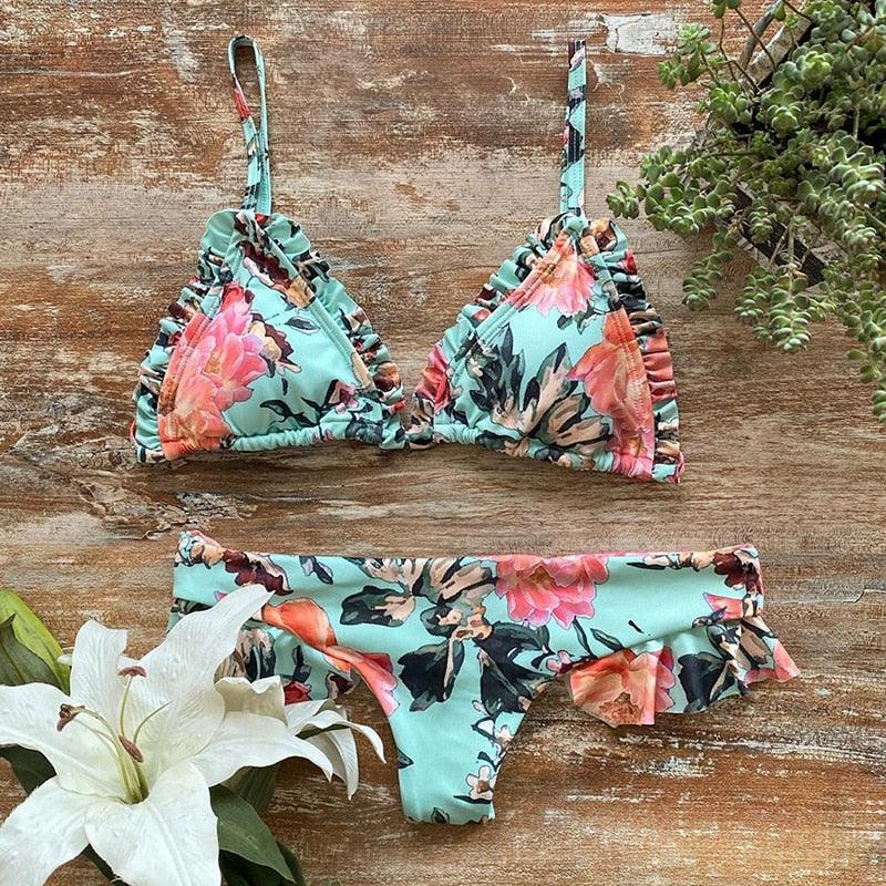 "Parrot Fish – Ruffle Triangle Tie-Side Bikini Set"
