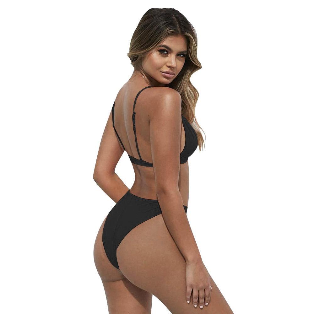 Black Minimal Bikini Set Women 2 Pieces Swimsuit Swimwear Push Up Padded Bra Thongs Bathing Suit Beachwear Women's Tie Side Bottom Padded Top Triangle Bikini Bathing Suit