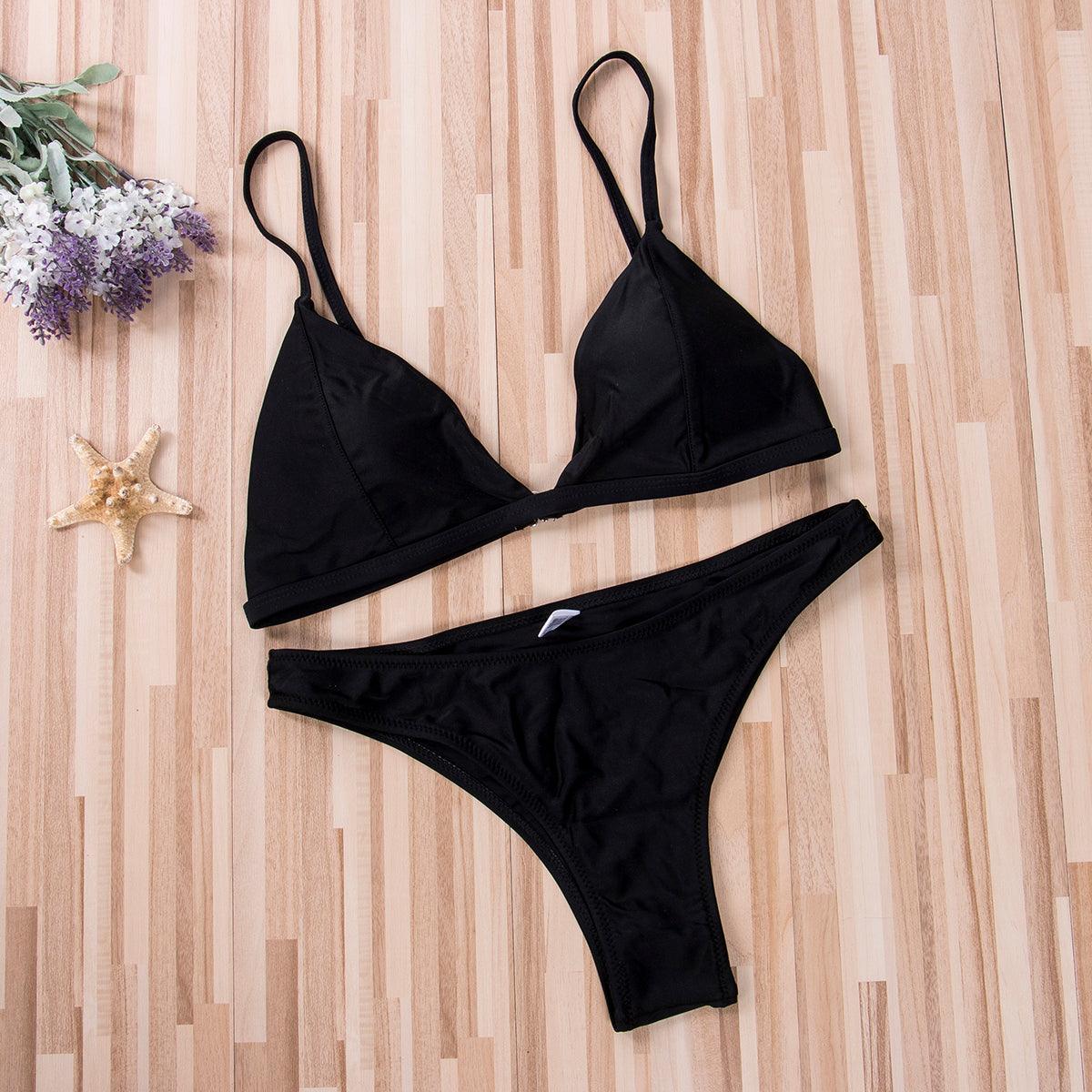 Black Minimal Bikini Set Women 2 Pieces Swimsuit Swimwear Push Up Padded Bra Thongs Bathing Suit Beachwear Women's Tie Side Bottom Padded Top Triangle Bikini Bathing Suit