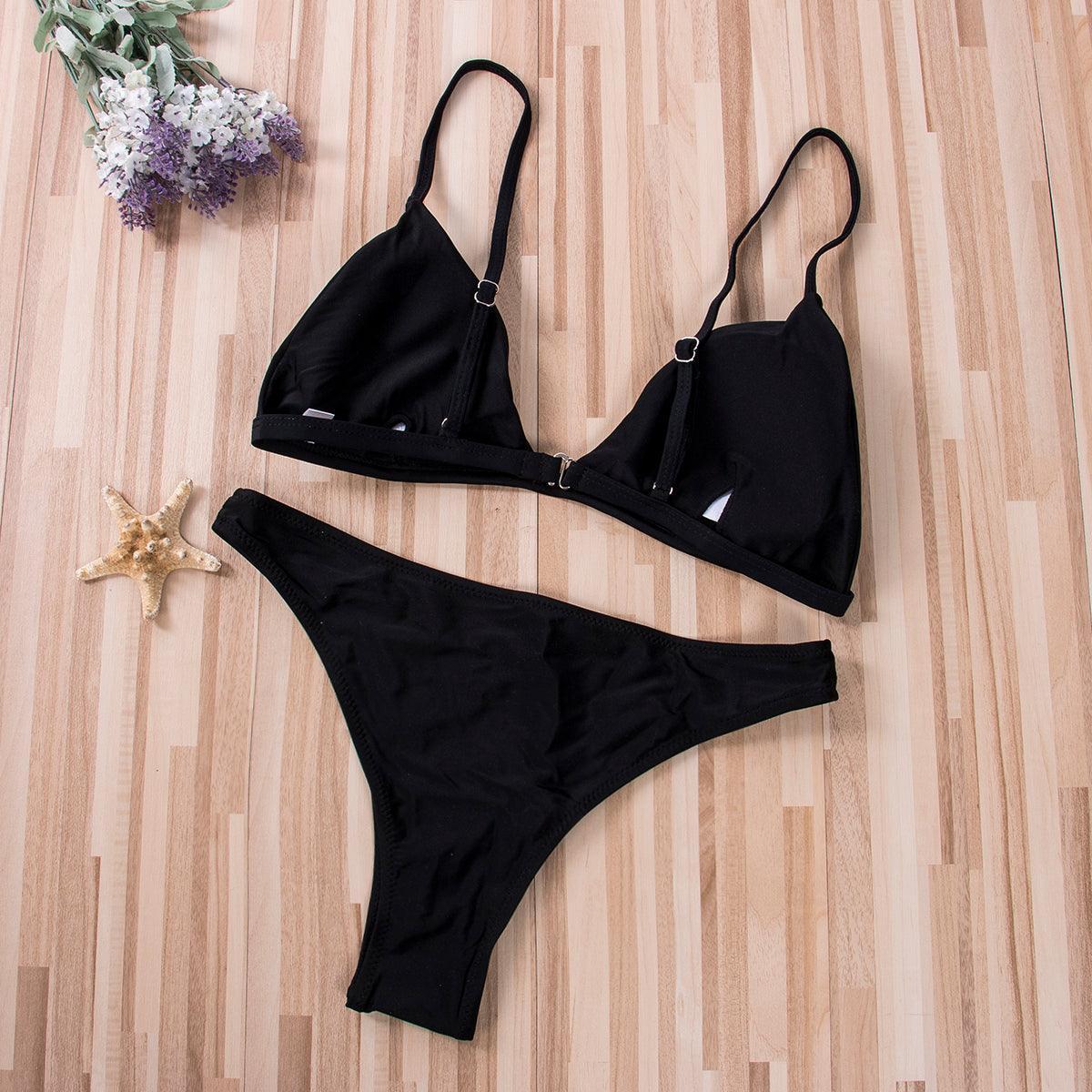 Black Minimal Bikini Set Women 2 Pieces Swimsuit Swimwear Push Up Padded Bra Thongs Bathing Suit Beachwear Women's Tie Side Bottom Padded Top Triangle Bikini Bathing Suit