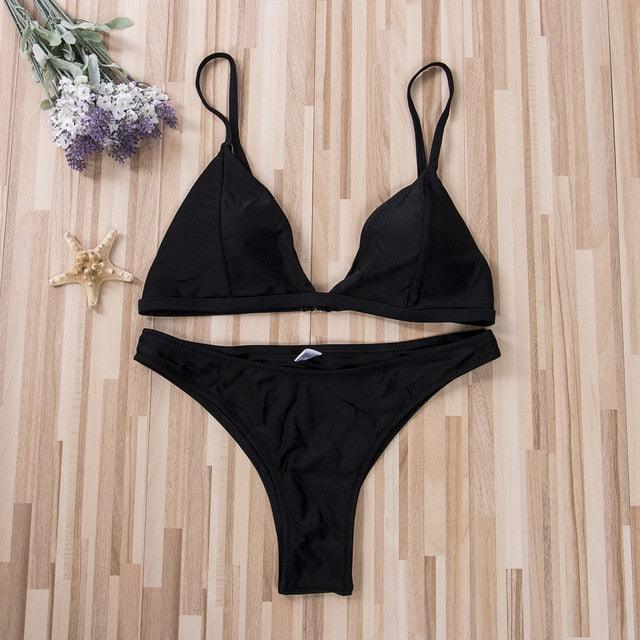 Black Minimal Bikini Set Women 2 Pieces Swimsuit Swimwear Push Up Padded Bra Thongs Bathing Suit Beachwear Women's Tie Side Bottom Padded Top Triangle Bikini Bathing Suit