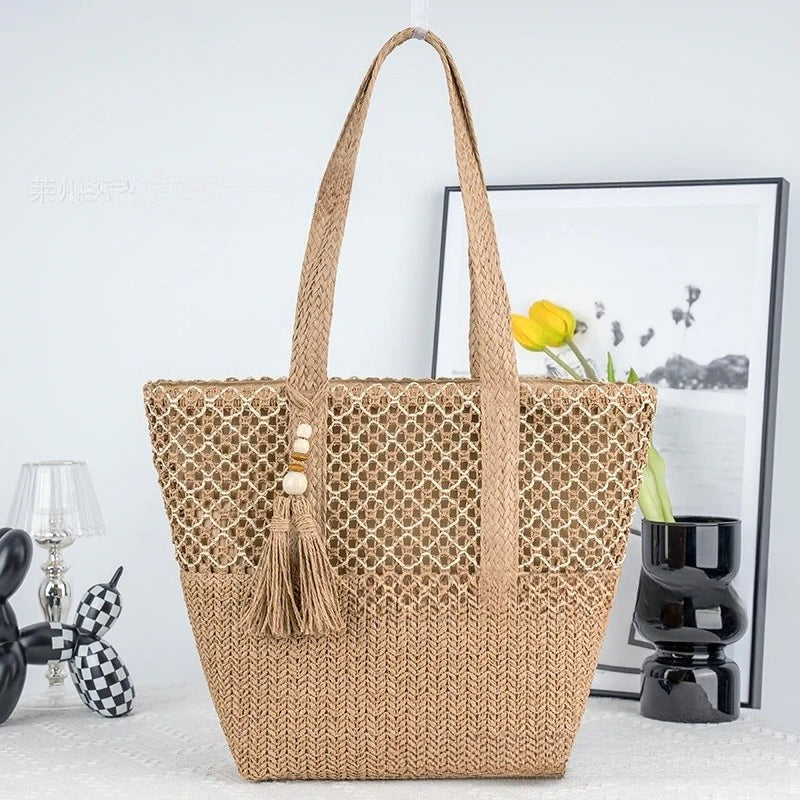 Minimalist Paper Rope Woven Tote – Large Straw Shoulder & Beach Bag