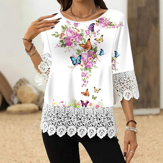 Printed Patchwork Three-Quarter Sleeve Top – Women's Loose Fit Pullover