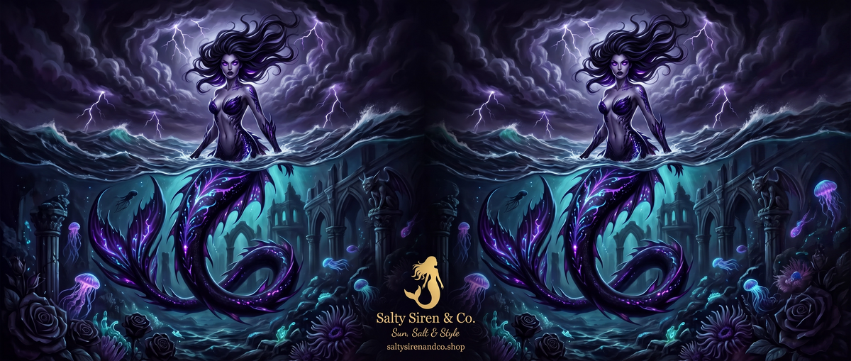 Storm Siren Tumbler — dark gothic mermaid lightning ocean wrap design