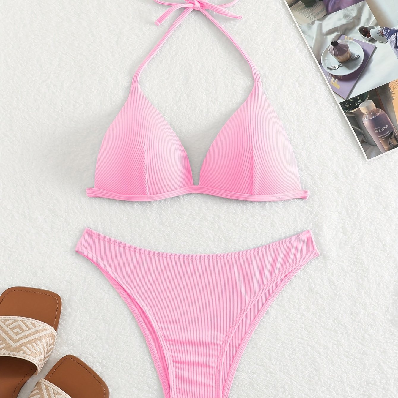 "Starfish Strands – Rib Knit Tie-Back Triangle Bikini Set"